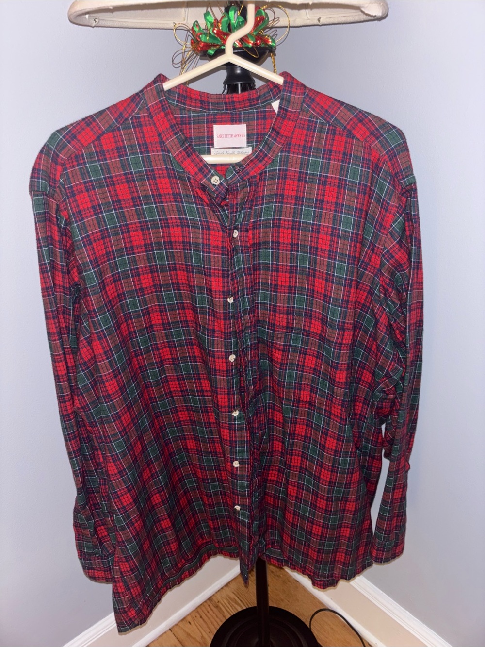 Saks Fifth Avenue Red and Green Plaid Band Collar Shirt - Single Needle